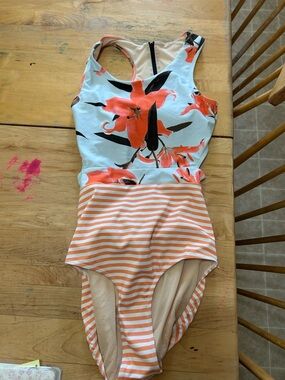 Floral & Stripe One-Piece Swimsuit - Coral/Light Blue